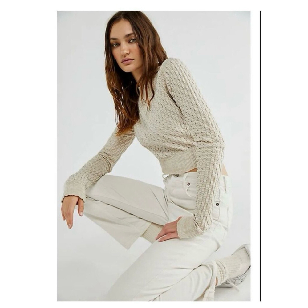 Free People Crop Top In Beige and White Stripes Sz L NWT